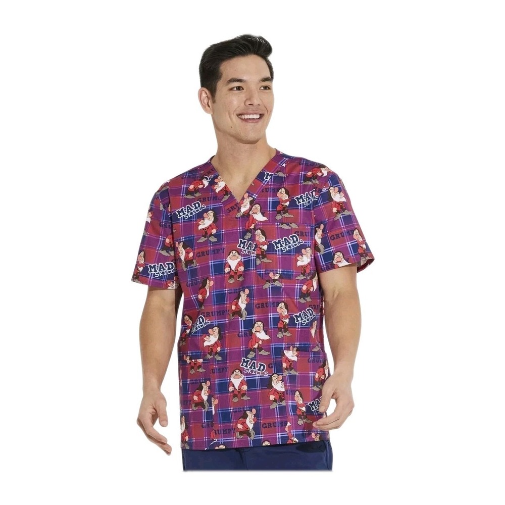NEW Snow White Grumpy Men's Modern Cherokee Scrub Top Size XS 97% Cotton